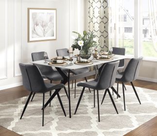 Modern 7pc Dining Table Set with 6x Chairs Gray Upholstered Sintered Stone Tabletop Black Metal Legs Kitchen Dining Furniture