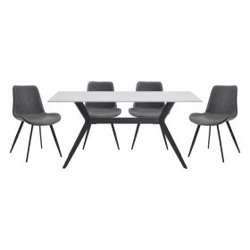 Modern 5pc Dining Table Set with 4x Chairs Gray Upholstered Sintered Stone Tabletop Black Metal Legs Kitchen Dining Furniture