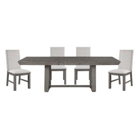 Rustic Design Dining Table 5pc Set Gray Finish Table w Extension leaf and 4x Fabric Upholstered Side Chairs Modern Dining Room Furniture