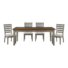 Gray Finish Traditional Style 5pc Dining Set Drawers Table and 4x Side Chairs Ladder Back Design Wooden Furniture