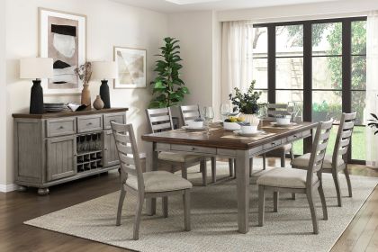 Gray Finish Traditional Style 7pc Dining Set Drawers Table and 6x Side Chairs Ladder Back Design Wooden Furniture