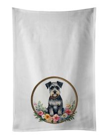 Schnauzer and Flowers Kitchen Towel Set of 2 White Dish Towels Decorative Bathroom Hand towel for Hand, Face, Hair, Yoga, Tea, Dishcloth, 19 X 28"