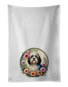 Havanese and Flowers Kitchen Towel Set of 2 White Dish Towels Decorative Bathroom Hand towel for Hand, Face, Hair, Yoga, Tea, Dishcloth, 19 X 28"