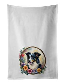 Border Collie and Flowers Kitchen Towel Set of 2 White Dish Towels Decorative Bathroom Hand towel for Hand, Face, Hair, Yoga, Tea, Dishcloth, 19 X 28"